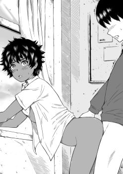 1boy 1girl ass blush bottomless commentary curtains dark-skinned_female dark_skin english_commentary faceless faceless_male hetero highres indoors interracial monochrome original sex sex_from_behind shirt short_hair standing standing_sex tokai tomboy window