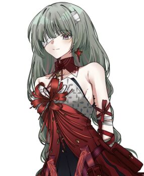 1girl bandage_over_one_eye bare_shoulders black_skirt breasts closed_mouth commentary dress earrings english_commentary grey_eyes grey_hair halter_dress halterneck highres jewelry long_hair medium_breasts phrolova_(wuthering_waves) pokarii_zuu red_dress red_pupils simple_background skirt smile solo tacet_mark_(wuthering_waves) upper_body white_background wuthering_waves
