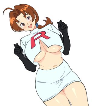 :d absurdres ahoge alternate_breast_size_(larger) ass bare_arms bare_shoulders black_gloves blush breasts brown_eyes brown_hair cleavage commentary cowboy_shot delia_ketchum dutch_angle elbow_gloves english_commentary food forehead fruit gloves hands_up highres holding holding_plate huge_breasts legs_together long_hair looking_at_viewer low_ponytail mature_female mayu_naisu navel nintendo open_mouth panties parted_bangs patreon_username pencil_skirt plate plump pokemon pokemon_(anime) ponytail shirt sideboob simple_background skirt smile standing tank_top team_rocket team_rocket_uniform teeth underboob underwear upper_teeth_only watermelon watermelon_slice white_background white_panties white_shirt white_skirt yellow_tank_top