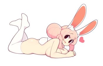 1girl animal_ear_fluff animal_ears black_eyes breasts commentary english_commentary fiz_(fizintine) fizintine full_body hair_bun heart highres large_breasts lying no_pupils nude on_stomach open_mouth original pink_hair rabbit_ears rabbit_girl rabbit_tail simple_background single_hair_bun single_side_bun skindentation smile solo tail thighhighs white_background white_tail white_thighhighs