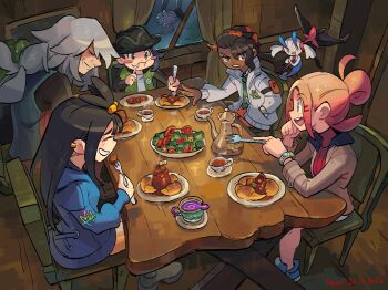 2girls 3boys az_(pokemon) black_hair black_hat blush_stickers closed_mouth commentary dark-skinned_male dark_skin dated english_commentary espurr floette floette_(eternal) food fork gen_6_pokemon grey_hair hand_in_pocket hat highres holding holding_fork indoors jacket kyuare lida_(pokemon) long_hair multiple_boys multiple_girls naveen_(pokemon) nintendo paxton_(pokemon) pink_hair pocket pokemon pokemon_(creature) pokemon_legends:_z-a profile signature smile table taunie_(pokemon) window