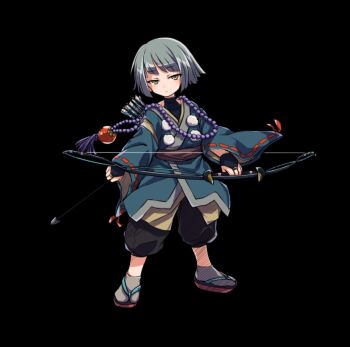 1boy aonibi_(merc_storia) arrow_(projectile) beads black_background black_gloves black_pants black_shirt blue_kimono bow_(weapon) closed_mouth full_body geta gloves grey_hair holding holding_arrow holding_bow_(weapon) holding_weapon japanese_clothes kimono long_sleeves merc_storia merc_storia_art_team official_art pants prayer_beads quiver shirt short_hair simple_background solo standing tachi-e tsurime weapon wide_sleeves yellow_eyes
