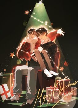 Rule 34 | 2boys, biyoo (omniscient reader's viewpoint), black hair, box, chair, collared shirt, commentary, full body, gift, gift box, glowing, highres, kim dokja, knees up, lengkongg 0, light particles, looking at viewer, lounge chair, male focus, merry christmas, multiple boys, omniscient reader's viewpoint, outstretched arm, scarf, shirt, short hair, sitting, sitting on lap, sitting on person, socks, spotlight, sweater, untranslatable commentary, vest, white socks, yoo joonghyuk