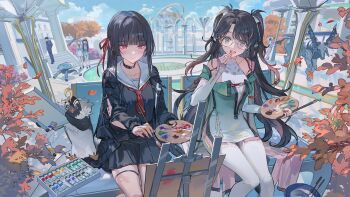 2girls absurdres allurmilk aqua_dress arm_cutout black_choker black_hair black_jacket black_shirt black_skirt blue_sky breasts brown_hair chisa_(wuthering_waves) choker closed_mouth clothing_cutout collarbone commentary_request day dress glasses hair_ribbon hand_up highres jacket korean_commentary long_hair long_sleeves medium_breasts mole mole_under_eye multiple_girls neckerchief open_mouth pantyhose people red_eyes red_neckerchief red_ribbon ribbon round_eyewear sailor_collar shirt sitting skirt sky smile tacet_mark_(wuthering_waves) white_pantyhose white_sailor_collar wuthering_waves