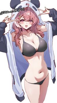 1girl :d ahoge alternate_breast_size_(larger) animal_hood artist_name bikini black_bikini blush breasts cleavage cowboy_shot double_v fang green_nails hair_between_eyes highres hitanu hood hood_up hoodie large_breasts long_hair looking_at_viewer navel nijisanji open_clothes open_hoodie open_mouth panda_hood pink_eyes pink_hair sasaki_saku sasaki_saku_(11th_costume) simple_background skin_fang smile solo swimsuit twitter_username v virtual_youtuber white_background