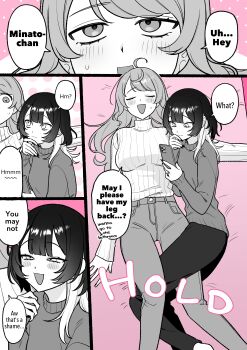 2girls absurdres blush cellphone closed_eyes closed_mouth commentary cuddling english_commentary fingernails greyscale_with_colored_background highres holding holding_phone hyaluron_&amp;_daruma jewelry koharu_and_minato koharu_suzumura long_fingernails minato_matsuki multicolored_hair multiple_girls open_mouth pants phone ring smartphone smile sweater two-tone_hair wedding_ring wife_and_wife wolf_cut yuri