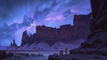 astromech_droid c-3po cliff desert highres landscape night outdoors protocol_droid r2-d2 robot star_wars sylvain_sarrailh tatooine