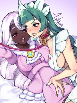 2girls apron artist_name ascot ashusa bell belt belt_collar blush breasts clenched_teeth collar collarbone curly_hair dark-skinned_female dark_skin dress fingernails gradient_background green_hair green_nails grey_eyes highres jacinthe_(pokemon) large_breasts leash lebanne_(pokemon) long_hair maid_headdress multiple_girls nail_polish naked_apron neck_bell nintendo open_mouth pink_belt pink_collar pink_dress pink_eyes pink_hair pink_leash pink_lips pokemon pokemon_legends:_z-a signature smile teeth thighs tongue upper_teeth_only very_dark_skin white_apron white_ascot yuri