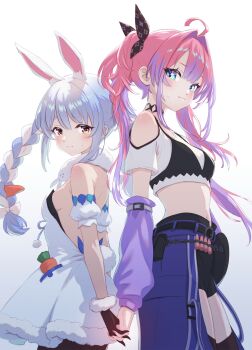 2girls ahoge animal_ears black_bra black_gloves black_leotard black_pantyhose blue_eyes blue_hair bra bra_over_clothes braid breasts cropped_shirt dress fur-trimmed_gloves fur_trim gloves highres hololive hololive_dev_is kikirara_vivi kikirara_vivi_(1st_costume) leotard leotard_under_clothes looking_at_another looking_at_viewer medium_breasts multicolored_hair multiple_girls orange_eyes pantyhose pink_hair purple_streaks rabbit_ears rabbit_girl rabbit_tail shirt sideboob streaked_hair tail twin_braids two-tone_hair underwear usada_pekora usada_pekora_(1st_costume) virtual_youtuber white_dress white_shirt white_streaks yachahechara