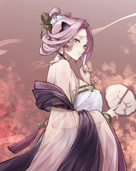 1girl absurdres bad_source bare_shoulders bracelet breasts chinese_clothes dress earrings facial_mark feixianji_(hairstyle) finger_to_mouth forehead_mark from_side hair_ornament hand_fan hanfu heziqun highres holding holding_fan jewelry large_breasts looking_at_viewer pink_eyes pink_hair purple_eyes shawl sidelocks_tied_back smile solo tassel tuanshan upper_body xianxiang_xiaomeng xianxiang_xiaoqianjin