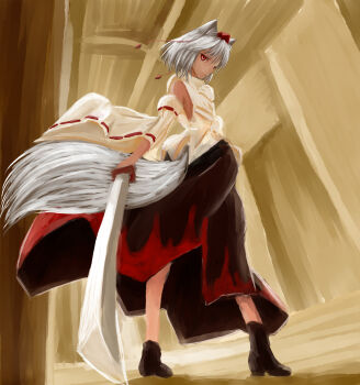 1girl animal_ears detached_sleeves female_focus full_body hat highres indoors inubashiri_momiji red_eyes ruka short_hair solo sword tail tokin_hat touhou weapon white_hair wolf_ears wolf_tail