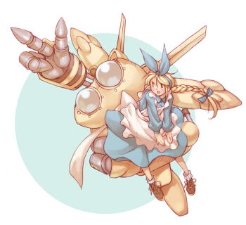 1girl apron black_eyes blonde_hair blue_bow blue_dress blue_hairband blue_socks bow bow_hairband braid brown_shoes commentary_request don_&amp;_pattchi don_(don_&amp;_pattchi) dress frilled_apron frills hair_bow hairband long_hair looking_at_another looking_back open_mouth pattchi_(don_&amp;_pattchi) peter_salt pointing robot shoes single_braid sitting sitting_on_arm smile socks striped_clothes striped_socks vertical-striped_clothes vertical-striped_socks white_apron