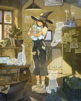 1girl artist_logo bench black_hat black_pantyhose bottle box breasts brown_hair calendar_(object) candle cat cellphone commentary computer crate dated full_body ghost hair_over_one_eye hanging_light hat hat_ribbon highres holding holding_jar holding_too_many_things indoors jar laptop logo looking_at_viewer medium_hair original pantyhose parted_lips phone phone_in_pocket plant potted_plant purple_ribbon ribbon runes shelf shirt shoes simz skull smartphone socks solo standing tile_floor tiles white_shirt white_shoes white_socks window witch_hat