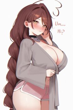 1girl ahoge black_choker blush braid breasts brown_eyes brown_hair choker cleavage closed_mouth commentary english_commentary grey_robe hair_intakes heart heart-shaped_lock heart_ahoge heart_collar heart_in_eye highres huge_breasts indie_virtual_youtuber long_hair long_sleeves looking_at_viewer navel pink_shorts robe shorts simple_background sky_above_me sky_above_me_(vtuber) solo symbol_in_eye thighs very_long_hair virtual_youtuber wavy_mouth white_background