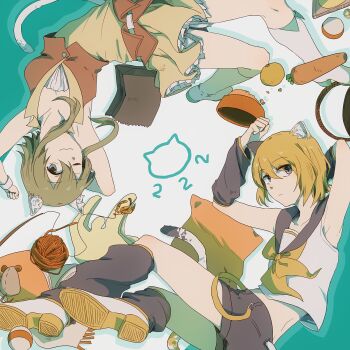 2girls animal_ear_fluff animal_ears arm_warmers armpits arms_up black_arm_warmers black_hair black_leg_warmers black_sailor_collar black_shorts blue_eyes carrot cat_ears cat_girl cat_tail clothing_cutout commentary_request cropped_shirt detached_sleeves green_eyes green_hair green_vest gumi hair_between_eyes highres kagamine_rin kemonomimi_mode leg_warmers medium_hair multiple_girls necktie orange_hair sailor_collar shirt shoes short_hair shorts sidelocks skirt stuffed_animal stuffed_mouse stuffed_toy tail tail_through_clothes vest vocaloid white_shirt white_shoes wounds404 yarn yarn_ball yellow_necktie yellow_shirt yellow_skirt