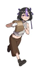 Rule 34 | 1girl, ajidot, alternate costume, black hair, brown footwear, brown pants, carrying, choker, crying, crying with eyes open, dirty, dirty face, gloves, goddess of victory: nikke, grey tank top, hair ribbon, highres, multicolored hair, navel, pants, purple eyes, purple hair, purple ribbon, ribbon, running, simple background, solo, syuen (nikke), tank top, tears, two-tone hair, white background, white gloves