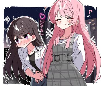 2girls absurdres bang_dream! bang_dream!_it's_mygo!!!!! black_hair black_shirt blush chihaya_anon closed_mouth commentary dress ear_blush grey_dress heart highres holding_hands jacket licking_lips long_hair mole mole_under_eye multiple_girls pink_hair pleated_skirt purple_eyes scene_reference shiina_taki shirt skirt sky star_(sky) starry_sky symbol-only_commentary tongue tongue_out white_jacket white_shirt yuri zhanzhangzlw