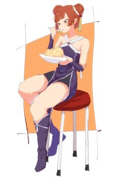 1girl bare_shoulders black_shorts blue_background boots brown_background commentary double_bun dress eating full_body hair_bun hair_ornament hands_up highres holding holding_plate kaneko_ryou knee_boots laufen_(sousou_no_frieren) plate purple_boots purple_dress rice short_hair shorts side_slit sitting sleeveless sleeveless_dress solo sousou_no_frieren table thighs two-tone_background