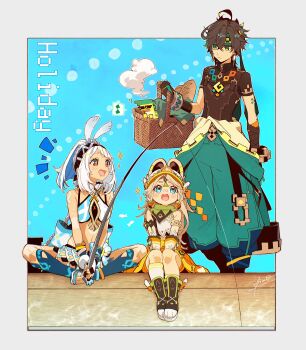 1boy 2girls :d absurdres aiwo_o_lite ajaw_(genshin_impact) animal_ears antenna_hair aqua_pants arm_tattoo armlet artist_name asymmetrical_legwear back_bow baguette bandana bandana_around_neck basket black_boots black_gloves black_hair black_ribbon black_shirt blue_eyes blue_hairband blue_nails blue_pants blue_shirt blue_skirt blush body_markings boots border bow bracelet braid braided_sidelocks bread brown_hair chinchilla_ears closed_mouth clothes_around_waist commentary_request crop_top crossed_bangs dark-skinned_female dark_skin drooling earrings eyelashes fingerless_gloves fish-shaped_pupils fishing fishing_rod food fur-trimmed_mittens fur_trim genshin_impact gloves green_bandana green_eyes green_hair green_headband hair_between_eyes hairband hand_up headband highres holding holding_basket holding_fishing_rod jacket jacket_around_waist jewelry kachina_(genshin_impact) kinich_(genshin_impact) long_hair midriff mittens mouth_drool mualani_(genshin_impact) multicolored_hair multicolored_pants multiple_girls musical_note nail_polish navel notice_lines open_mouth outside_border pants parted_bangs ponytail ribbon sandals shirt short_eyebrows short_hair short_sleeves signature sitting skirt sleeveless sleeveless_shirt smile socks sparkle speech_bubble spoken_musical_note standing streaked_hair symbol-shaped_pupils tattoo toenail_polish toenails very_long_hair visor_cap white_border white_gloves white_hair white_mittens white_shirt white_skirt white_socks yellow_eyes