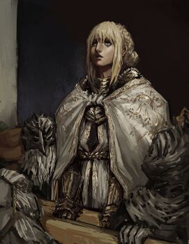 1girl 3boys absurdres armor armor_under_clothes asianfissureman blonde_hair blunt_bangs braid cloak commentary crown_braid elden_ring elden_ring:_shadow_of_the_erdtree facial_hair fine_art_parody freedom_of_speech full_armor grey_facial_hair hair_bun helm helmet highres hornsent_(elden_ring) knight multiple_boys needle_knight_leda obscured_eyes ornate ornate_armor parody parted_lips sidelocks sir_ansbach standing thiollier_(elden_ring) white_cloak yellow_eyes