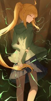 Rule 34 | 1girl, ^ ^, absurdres, achun, ahoge, arms behind back, back, blonde hair, bocchi the rock!, closed eyes, coin, commentary request, electricity, electrokinesis, facing viewer, from behind, green hoodie, grey skirt, highres, holding, holding coin, hood, hoodie, ijichi nijika, long hair, pleated skirt, railgun (misaka mikoto), side ponytail, sidelocks, skirt, smile, solo, toaru kagaku no railgun, toaru majutsu no index, very long hair