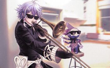 Rule 34 | 1boy, black gloves, black jacket, black ribbon, braid, gloves, hair ornament, hairclip, highres, holostars, holostars english, instrument, jacket, male focus, meme, music, neck ribbon, octavio, playing instrument, poppet (octavio), purple hair, ribbon, short hair, sunglasses, t0mir4, trombone, twin braids, when mama isn't home (meme)