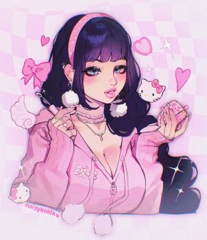 1girl aegyo_sal arms_up artist_name black_hair blue_eyes bratz breasts checkered_background choppy_bangs chromatic_aberration cleavage commentary commission compact_(cosmetics) cosmetics cropped_torso detached_wings drawn_bow drawn_heart ear_piercing earrings english_commentary eyelashes eyeshadow fake_wings film_grain fingernails gem-studded_nails gradient_nails hairband halftone heart heart_necklace heart_ring hello_kitty highres holding holding_compact holding_lipstick_tube hood hoodie jewelry large_breasts light_blush lipgloss lipgloss_tube lipstick_tube long_fingernails long_hair looking_at_viewer makeup mini_wings multiple_necklaces multiple_rings nail_ornament necklace noisykoala original parted_lips partially_unbuttoned piercing pink_background pink_hairband pink_hoodie pink_lips pink_nails pink_theme polka_dot_hairband pom_pom_(clothes) pom_pom_earrings ring sanrio silver_necklace sketch sleeves_past_wrists smokey_eyeshadow sparkle teeth thick_lips very_long_hair wavy_hair wings y2k_fashion