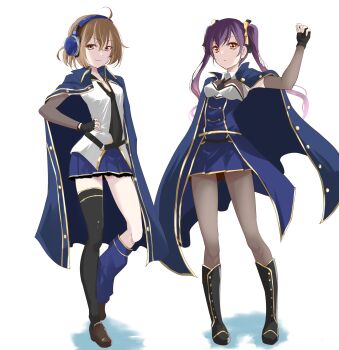 Rule 34 | 2girls, absurdres, ahoge, arm at side, arm up, assault lily, asymmetrical legwear, belt, black belt, black boots, black gloves, black necktie, black ribbon, black thighhighs, blue cloak, blue leg warmers, blue skirt, boots, breasts, brown eyes, brown hair, brown pantyhose, brown shoes, cloak, closed mouth, collared shirt, commentary request, crossed bangs, detached sleeves, fingerless gloves, full body, gloves, hair between eyes, hair ribbon, hand on own hip, headphones, heel up, highres, hishida haru, kawamura yuzuriha, knee boots, leg warmers, light smile, loafers, long hair, long sleeves, looking ahead, looking at viewer, loose belt, loose necktie, medium breasts, miniskirt, mismatched legwear, multiple girls, necktie, o-ring, o-ring belt, odaiba girls high school uniform, pantyhose, pleated skirt, purple hair, ribbon, school uniform, shirt, shoes, short hair, short necktie, simple background, skirt, sleeveless, sleeveless shirt, standing, thighhighs, twintails, two-tone shirt, urutsu sahari, v-shaped eyebrows, waist cape, white background, yellow eyes, yellow ribbon