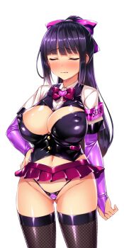 1girl adapted_uniform armband black_hair black_thighhighs blush bow bowtie breasts bridal_gauntlets cleavage cleavage_cutout closed_eyes closed_mouth clothing_cutout covered_erect_nipples elbow_gloves fishnet_thighhighs fishnets g-string game_cg gloves gluteal_fold hair_bow hand_on_own_hip highleg highleg_panties kisaragi_nozomi large_breasts large_variant_set long_hair micro_panties microskirt navel non-web_source official_art panties pleated_skirt ponytail purple_bow satou_kuuki shinsou_seiki_elementia shiny_skin sidelocks skirt solo standing string_panties thighhighs thong transparent_background underwear variant_set