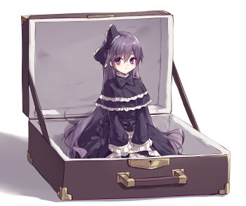 Rule 34 | 1girl, absurdres, black bow, black dress, black hair, bow, closed mouth, commentary request, dress, duel monster, frilled bow, frilled dress, frilled sleeves, frills, ghost belle &amp; haunted mansion, goth fashion, hair between eyes, hair bow, hair ornament, highres, kanzakietc, long hair, long sleeves, open suitcase, simple background, solo, suitcase, very long hair, white background, yu-gi-oh!