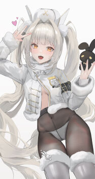 1girl absurdres belt_collar black_pantyhose blanc_(fortune_express)_(nikke) blanc_(nikke) blush boots bow breasts breasts_apart collar commentary cropped_jacket fingernails fur-trimmed_jacket fur-trimmed_sleeves fur_trim goddess_of_victory:_nikke hair_intakes hat heart highres holding holding_stuffed_toy jacket long_hair looking_at_viewer navel nononae official_alternate_costume open_clothes open_jacket open_mouth panties panties_under_pantyhose pantyhose playboy_bunny simple_background small_breasts solo star_(symbol) stuffed_animal stuffed_toy thigh_boots thighhighs twintails underwear very_long_hair w white_background white_hair white_hat white_jacket white_nails white_panties white_thighhighs yellow_bow yellow_eyes