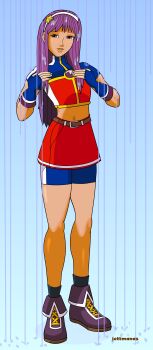 1girl absurdres asamiya_athena bike_shorts dress female_focus gloves hairband highres jeffnevins jettmanas long_hair looking_at_viewer purple_eyes purple_hair rain shoes skirt socks standing star_(symbol) the_king_of_fighters water water_drop wet wet_clothes