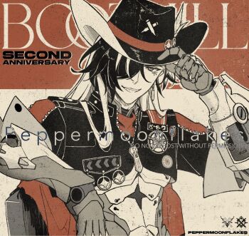 1boy adjusting_clothes adjusting_headwear arm_up artist_name boothill_(honkai:_star_rail) character_name commentary cowboy_hat cropped_jacket cyborg elbow_rest english_commentary grin hair_over_one_eye hat highres honkai:_star_rail honkai_(series) jacket long_hair looking_to_the_side male_focus midriff mole mole_under_eye multicolored_hair peppermoonflakes sharp_teeth sheriff_badge sideways_glance smile solo teeth upper_body watermark zipper zipper_pull_tab