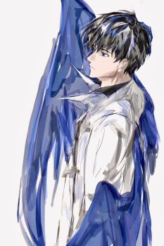 1boy 8d2suga9 black_eyes black_hair black_shirt blank_stare blue_wings coat collared_shirt feathered_wings highres kim_dokja looking_to_the_side male_focus omniscient_reader&#039;s_viewpoint open_clothes open_coat popped_collar shirt short_hair solo upper_body white_coat wings