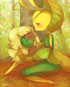 blush forest gen_5_pokemon leavanny lowres nature nintendo pokemon pokemon_(creature) red_eyes whimsicott