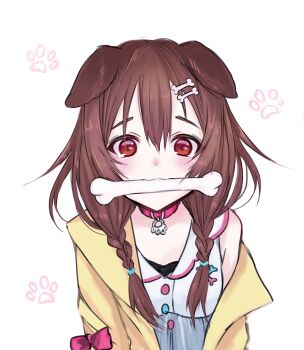 1girl :3 animal_collar animal_ears blush bone bone_hair_ornament bone_in_mouth bow braid breasts brown_hair buttons collar collared_dress commentary_request dog_ears dog_girl double-parted_bangs dress hair_ornament hair_over_shoulder hololive inugami_korone inugami_korone_(1st_costume) jacket looking_at_viewer low_twin_braids medium_breasts off_shoulder ompf open_clothes open_jacket paw_print paw_print_background red_bow red_collar red_eyes sleeve_bow solo twin_braids upper_body virtual_youtuber yellow_jacket
