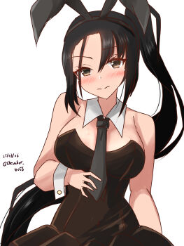 Rule 34 | animal ears, black dress, black necktie, blush, breasts, cleavage, dress, embarrassed, fake animal ears, highres, kantai collection, looking at viewer, medium breasts, nachi (kancolle), necktie, playboy bunny, rabbit ears, sawatani (chevalier 04056), strapless, strapless dress, upper body