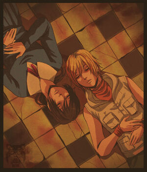 Rule 34 | 2girls, alessa gillespie, blonde hair, brown hair, closed eyes, commentary, english commentary, from above, heather mason, konami, long hair, lying, multiple girls, on back, ruedefaux, short hair, silent hill, silent hill (series), silent hill 3, sleeveless, tile floor, tiles, vest