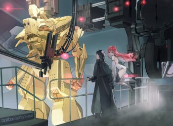 1boy 1girl 621_(armored_core_vi) against_railing armored_core armored_core_vi:_fires_of_rubicon ayre_(armored_core_vi) black_coat black_gloves black_hair coat floating gloves hangar heybot! high_heels highres macaroni_(heybot!) mecha railing red_hair robot tere watermark web_address