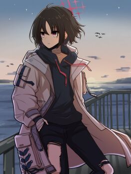 1girl bandaged_hand bandaged_neck bandages black_hair black_hoodie black_mask black_pants blue_archive blue_sky cloud coat generic_33 gradient_sky halo hand_in_pocket highres hood hooded_coat hoodie horizon looking_to_the_side mask mask_pull misaki_(blue_archive) mouth_mask orange_sky outdoors pants parted_lips railing red_eyes red_halo short_hair simple_bird sky solo star_(sky) sunset surgical_mask torn_clothes torn_pants water white_coat