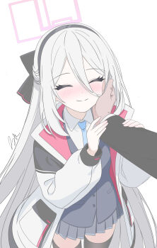 1boy 1girl ^_^ absurdres affectionate black_bow black_hairband black_jacket black_thighhighs blazer blue_archive blue_necktie blush bow buttons closed_eyes closed_mouth collared_shirt commentary cowboy_shot dot_nose double-parted_bangs dress_shirt facing_viewer flat_color from_above grey_skirt hair_between_eyes hair_bow hairband half_updo halo hand_on_another's_arm hand_on_own_cheek hand_on_own_face hands_up happy highres jacket jacket_over_jacket kei_(blue_archive) kei_(new_body)_(blue_archive) long_bangs long_hair long_hair_between_eyes long_sleeves miniskirt necktie nose_blush open_clothes open_jacket pink_halo pleated_skirt pocket popped_collar pov pov_hands puffy_long_sleeves puffy_sleeves rectangular_halo runarie school_uniform sensei_(blue_archive) shirt sidelocks signature simple_background skirt sleeve_cuffs smile solo_focus split_mouth standing thighhighs very_long_hair white_background white_hair white_jacket white_shirt wing_collar zettai_ryouiki