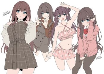 4girls bare_shoulders bikini black_pantyhose blue_eyes blush bow braid breasts brown_dress brown_hair cardigan cleavage collarbone collared_shirt commentary_request double_bun dress hair_bun hair_ornament hair_ribbon hairclip heart heart_hands long_hair long_sleeves looking_at_viewer medium_breasts multiple_girls navel open_mouth original pantyhose pink_bikini pink_cardigan pink_ribbon red_bow ribbon shirt skirt smile stomach swimsuit twintails unasaka_ryou white_shirt