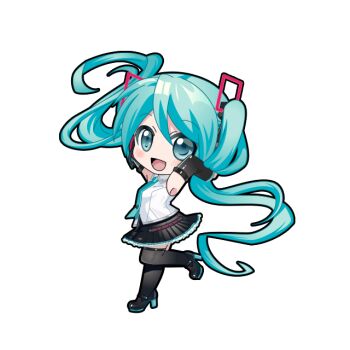 1girl animated animated_png aqua_eyes aqua_hair aqua_necktie arms_behind_head black_outline black_shoes black_skirt black_sleeves black_thighhighs blinking blush chibi chibi_only detached_sleeves floating_hair frilled_skirt frills full_body game_asset hair_ornament hatsune_miku hatsune_miku_(vocaloid4) hatsune_miku_graphy_collection headset high_heels long_hair looking_at_viewer necktie open_mouth outline pleated_skirt shirt shoes skirt sleeveless sleeveless_shirt smile solo standing standing_on_one_leg thighhighs tie_clip transparent_background twintails very_long_hair vocaloid white_shirt