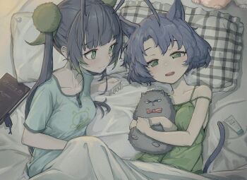 Rule 34 | 2girls, animal ear fluff, animal ears, annoyed, antenna hair, bare shoulders, blanket, blue hair, blue shirt, blush, book, bouhuman, bow, bowtie, breasts, cat ears, cat girl, closed mouth, collarbone, commentary request, cross-eyed, green eyes, green highlights, green shirt, hair ornament, happy, head on pillow, highres, holding, holding stuffed toy, lotion bottle, lying, multiple girls, on back, on bed, open mouth, original, pillow, pom pom (clothes), pom pom hair ornament, red bow, shirt, short sleeves, small breasts, stuffed animal, stuffed cat, stuffed toy, twintails, under covers, yuri