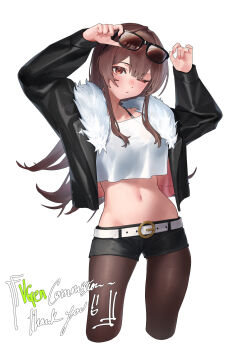 1girl adjusting_eyewear arms_up belt black-framed_eyewear black_jacket black_shorts brown-tinted_eyewear brown_eyes brown_hair brown_pantyhose commentary commission crop_top cropped_legs english_commentary english_text eyewear_on_head fur-trimmed_jacket fur_trim highres jacket long_hair long_sleeves midriff mkrk_mikaerukung navel one_eye_closed open_clothes open_jacket original pantyhose shirt short_shorts shorts sidelocks simple_background solo sunglasses thank_you tinted_eyewear vgen_commission white_background white_belt white_shirt