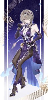 1girl absurdres black_gloves black_pantyhose breasts brown_hair chinese_commentary cleavage commentary_request dress gloves high_heels highres honkai_(series) honkai_impact_3rd large_breasts lin_yu_jin mole mole_under_eye pantyhose partially_fingerless_gloves purple_dress purple_eyes rita_rossweisse rita_rossweisse_(miss_espionage) short_hair solo