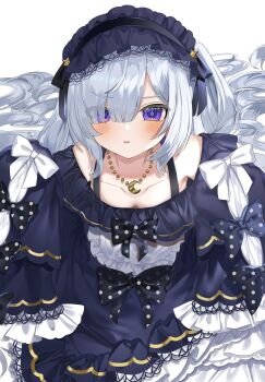 1girl bare_shoulders blue_dress blue_hairband bow commentary_request crescent crescent_necklace dress frilled_dress frills from_above gothic_lolita hair_over_one_eye hairband highres jewelry lolita_fashion lolita_hairband long_hair long_sleeves looking_at_viewer mahou_shoujo_no_majo_saiban natsume_an-an necklace okome2028 polka_dot polka_dot_bow purple_eyes sitting sleeves_past_fingers sleeves_past_wrists solo very_long_hair white_background