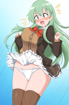 1girl absurdres blush brown_thighhighs clothes_lift embarrassed green_eyes green_hair hair_ornament hairclip highres kantai_collection long_hair momio panties skirt skirt_lift suzuya_(kancolle) thighhighs underwear upskirt white_panties wind wind_lift