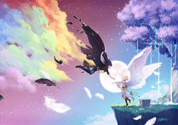 1boy 1girl ankle_boots arm_wrap armlet belt black_feathers black_shirt black_wings blonde_hair blue_hair blue_pants boots boris_jinneman brown_belt brown_cape brown_capelet cape capelet cloud colorful colorful_background commentary dated_commentary english_commentary feathered_wings feathers flower from_side full_moon gold_armlet grass grey_eyes highres incoming_hug isolestie_(children_of_the_rune) jewelry juliet_sleeves leg_wrap lips long_sleeves looking_at_another moon multiple_belts nexon official_art open_hands open_mouth outdoors outstretched_arm outstretched_arms pants pelvic_curtain profile puffy_sleeves purple_flower purple_leaf sang_ah_yoon shirt single_hair_streak skirt sky spread_arms star_(sky) starry_sky tales_weaver teeth tree upper_teeth_only water white_feathers white_flower white_hair white_shirt white_skirt white_wings wide_sleeves wings