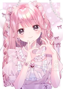 1girl azarashi6 balloon blush bow brown_hair closed_mouth commentary curly_hair earrings four-finger_heart_hands frilled_shirt_collar frills hair_between_eyes hair_bow head_tilt heart heart_balloon heart_hands highres jewelry jirai_kei long_hair looking_at_viewer original pink_bow pink_hair pink_shirt puffy_short_sleeves puffy_sleeves shirt short_sleeves smile solo symbol-only_commentary two_side_up upper_body